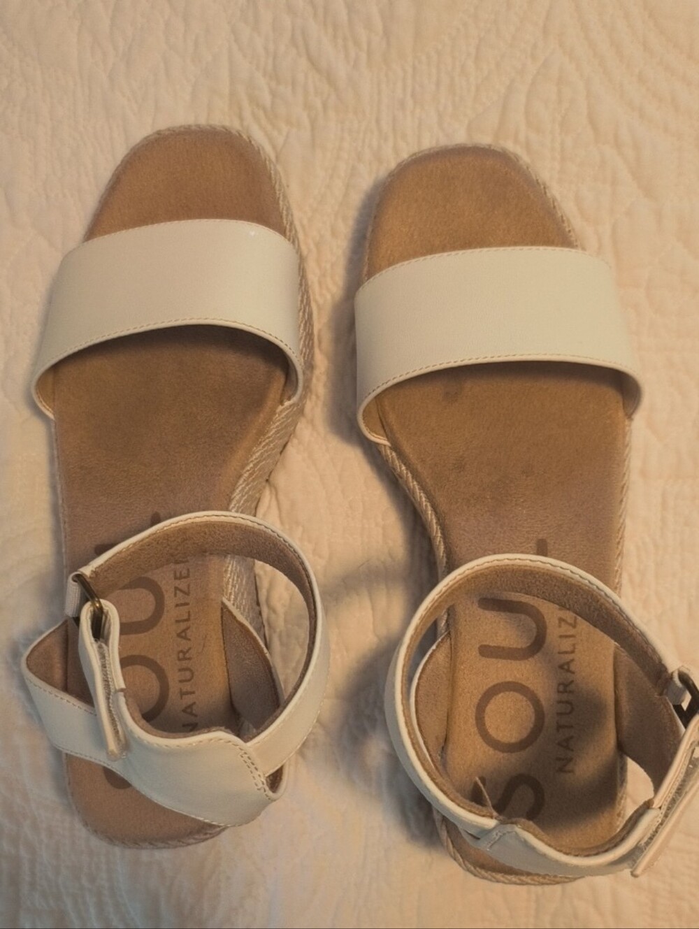 Naturalizer White and Tan Espadrille Slide Sandals with Ankle Strap